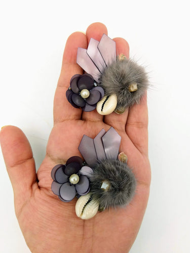 Hand Embroidered Metallic Grey Applique With Cowrie Shell, Sequins,Pearl and Feather Pom Pom